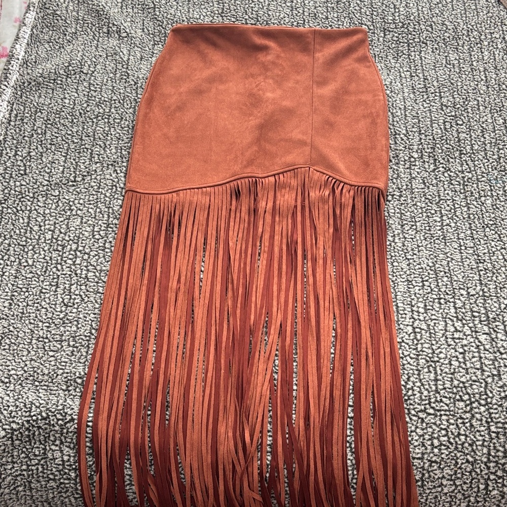 Fringe Detail Brown Velvet Skirt